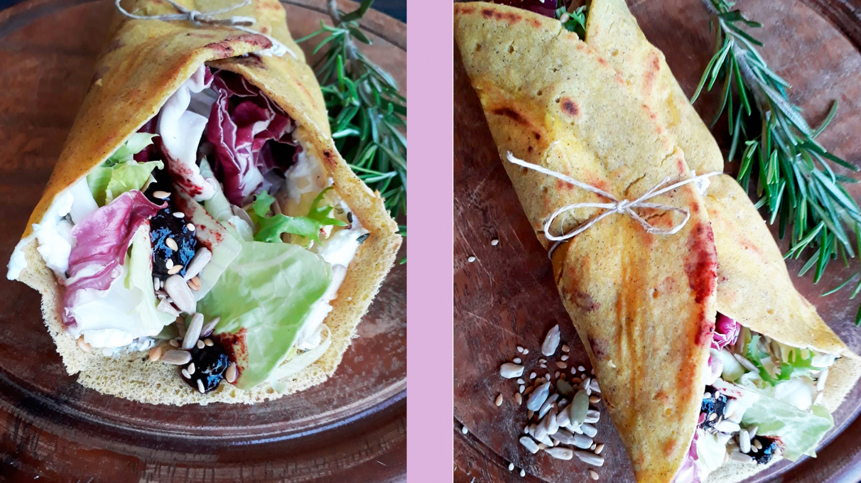 Roll al saraceno e teff con hummus e verdure